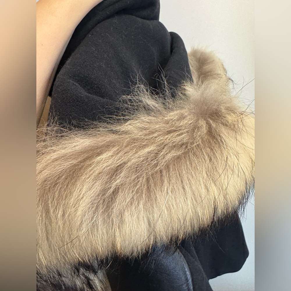 Size Large Black warm winter coat with fur hood double layer SICILY, brown fur L - Picture 3 of 16